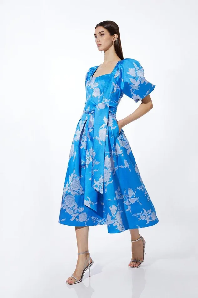 Dresses Women Karen Millen Jacquard Puff Sleeve Belted Woven Dress Blue