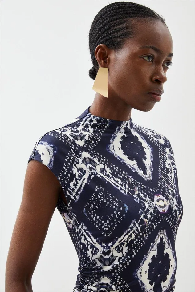 Dresses Women Karen Millen Jersey Boarder Print High Neck Keyhole Mini Dress Blue