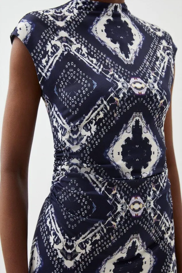 Dresses Women Karen Millen Jersey Boarder Print High Neck Keyhole Mini Dress Blue