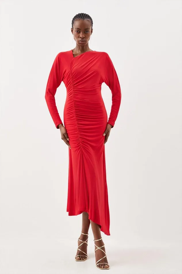 Dresses Women Karen Millen Jersey Crepe Ruched Long Sleeve Maxi Dress Red