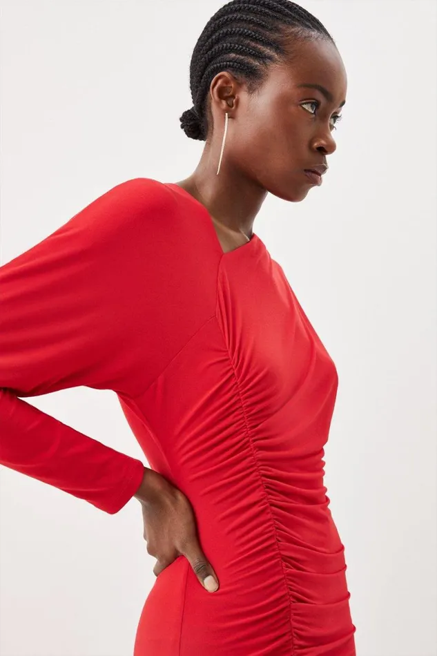 Dresses Women Karen Millen Jersey Crepe Ruched Long Sleeve Maxi Dress Red