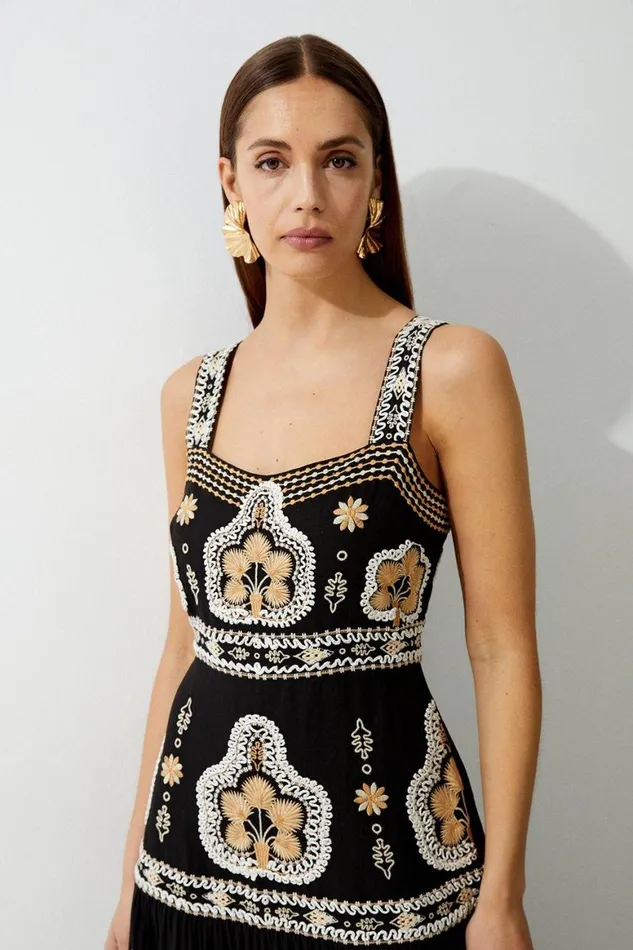 Dresses Women Karen Millen Linen Corded Embroidered Strappy Woven Maxi Dress Black