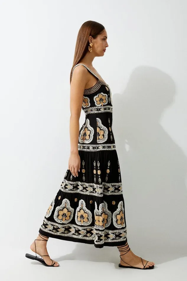 Dresses Women Karen Millen Linen Corded Embroidered Strappy Woven Maxi Dress Black