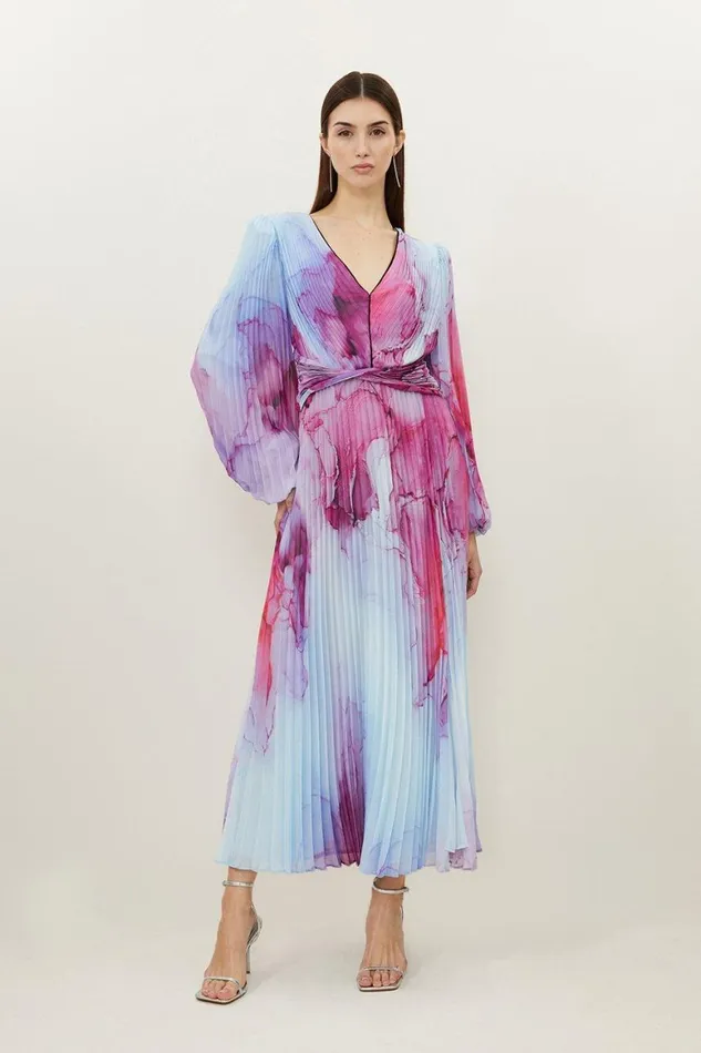 Dresses Women Karen Millen Marble Printed Soft Pleated Woven Maxi Dress Pink