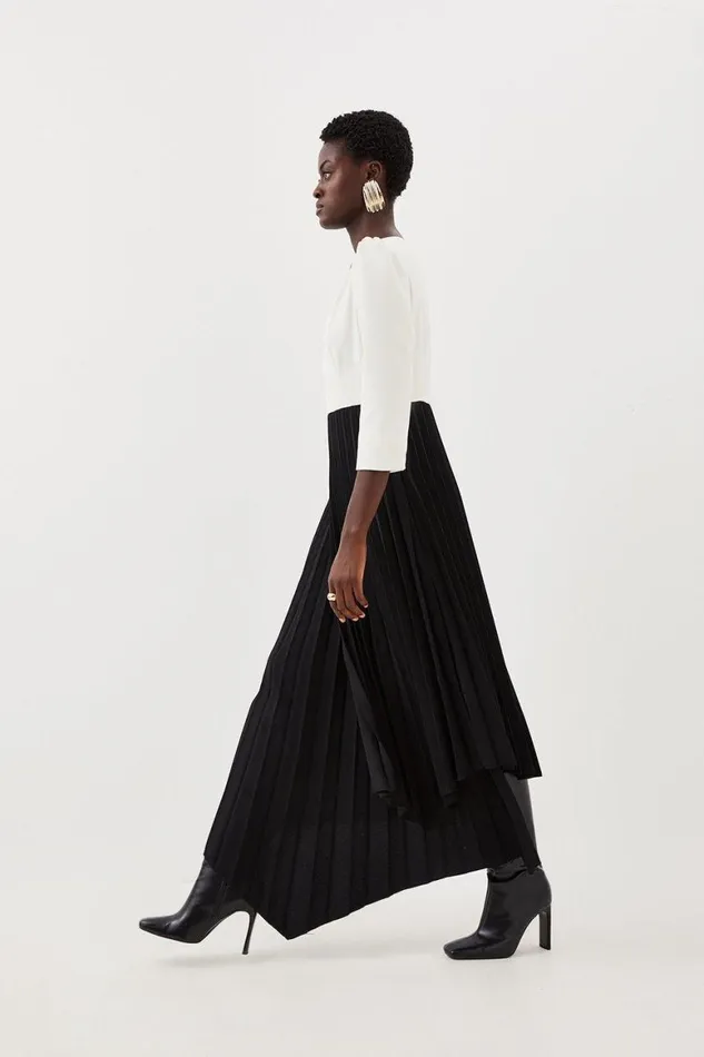 Dresses Women Karen Millen Military Pleat Panelled V Neck Tailored Midi Dress Mono