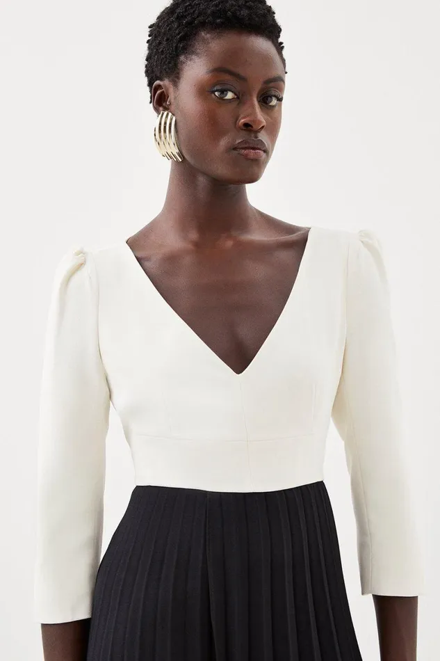 Dresses Women Karen Millen Military Pleat Panelled V Neck Tailored Midi Dress Mono