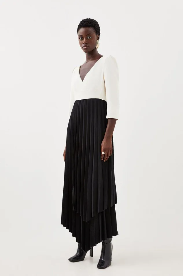 Dresses Women Karen Millen Military Pleat Panelled V Neck Tailored Midi Dress Mono
