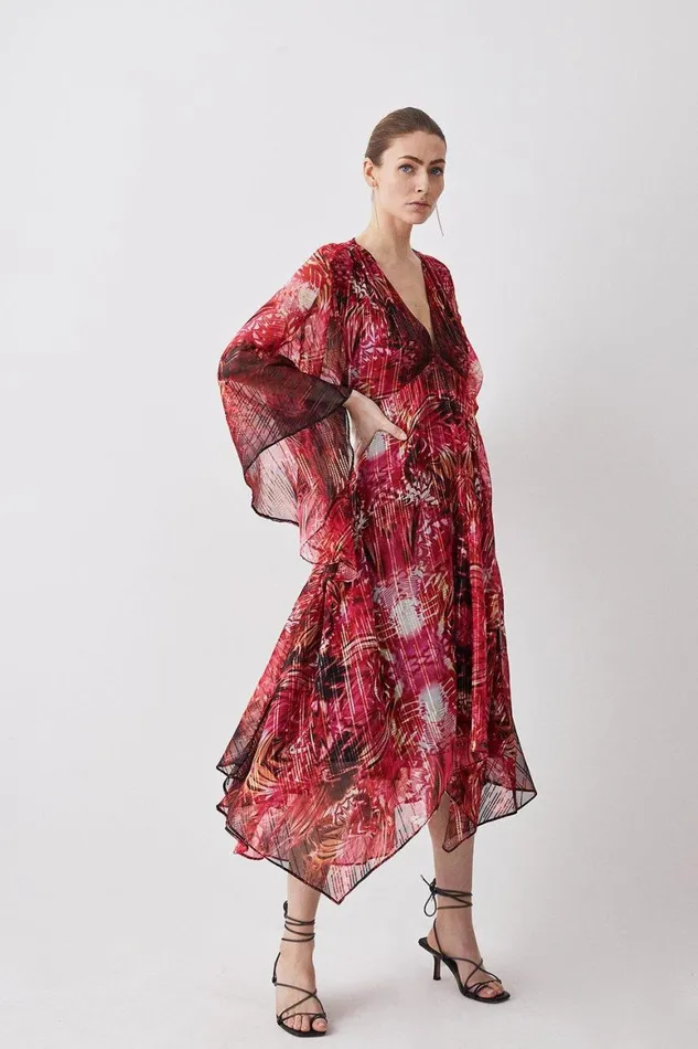 Dresses Women Karen Millen Mirrored Placed Floral Leather Trim Kimono Woven Midi Dress Red Dresses Women Karen Millen Mirrored Placed Floral Leather Trim Kimono Woven Midi Dress Red