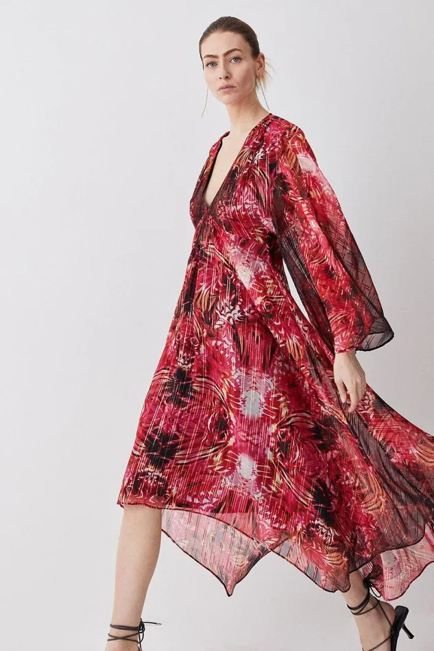 Dresses Women Karen Millen Mirrored Placed Floral Leather Trim Kimono Woven Midi Dress Red
