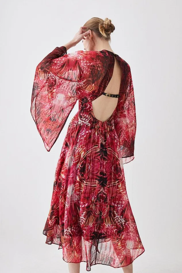 Dresses Women Karen Millen Mirrored Placed Floral Leather Trim Kimono Woven Midi Dress Red