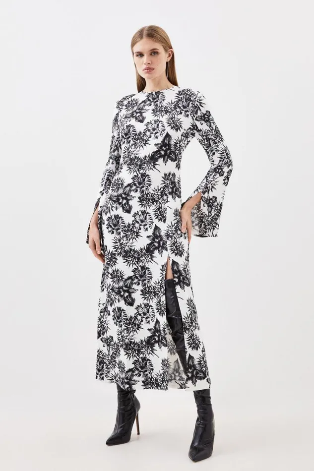 Dresses Women Karen Millen Mono Floral Woven Viscose Satin Midi Dress Mono
