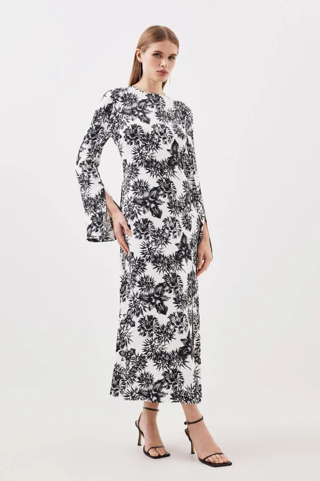 Dresses Women Karen Millen Mono Floral Woven Viscose Satin Midi Dress Mono