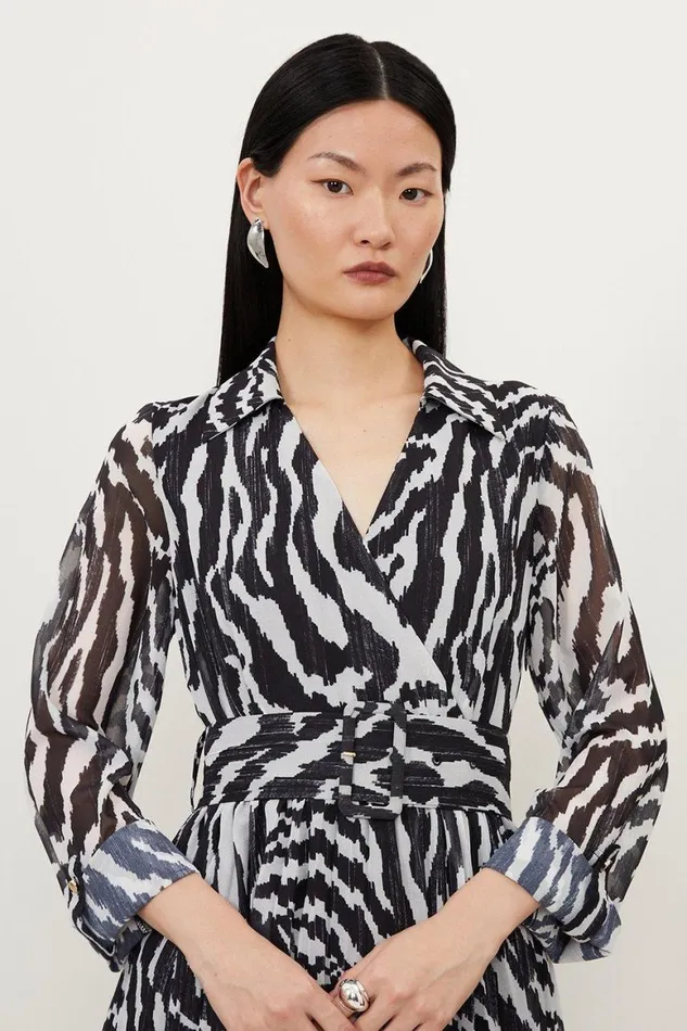 Dresses Women Karen Millen Mono Swirl Georgette Woven Belted Pleated Midi Dress Mono