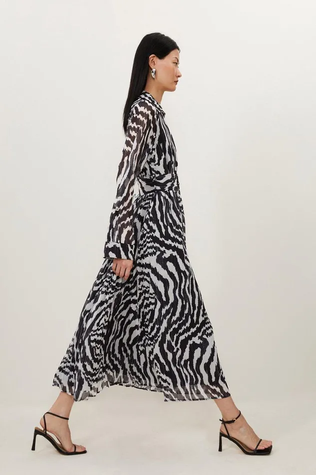 Dresses Women Karen Millen Mono Swirl Georgette Woven Belted Pleated Midi Dress Mono