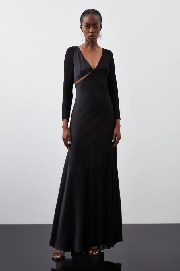 Dresses Women Karen Millen Ooto Sheer Panelled Long Sleeve Woven Maxi Dress Black Dresses Women Karen Millen Ooto Sheer Panelled Long Sleeve Woven Maxi Dress Black
