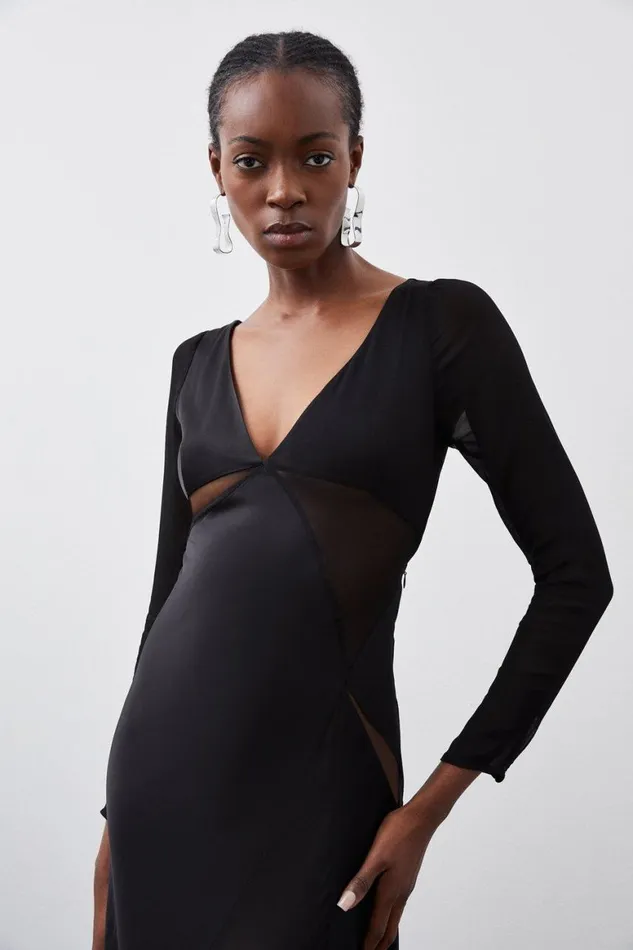 Dresses Women Karen Millen Ooto Sheer Panelled Long Sleeve Woven Maxi Dress Black