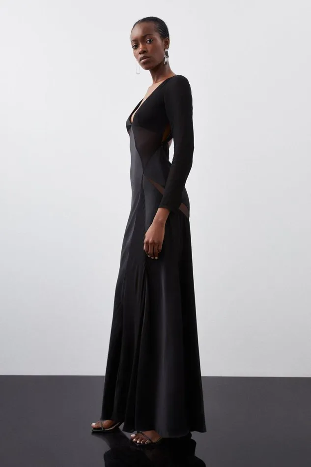 Dresses Women Karen Millen Ooto Sheer Panelled Long Sleeve Woven Maxi Dress Black