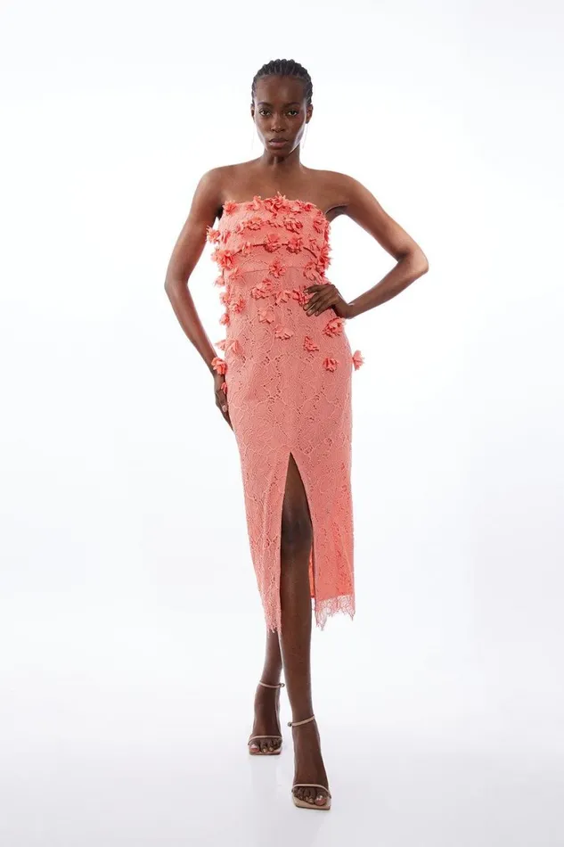 Dresses Women Karen Millen Petal Floral Applique On Lace Woven Bandeau Midi Dress Coral Dresses Women Karen Millen Petal Floral Applique On Lace Woven Bandeau Midi Dress Coral