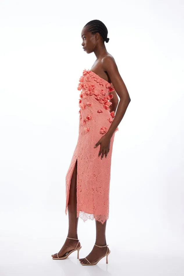 Dresses Women Karen Millen Petal Floral Applique On Lace Woven Bandeau Midi Dress Coral