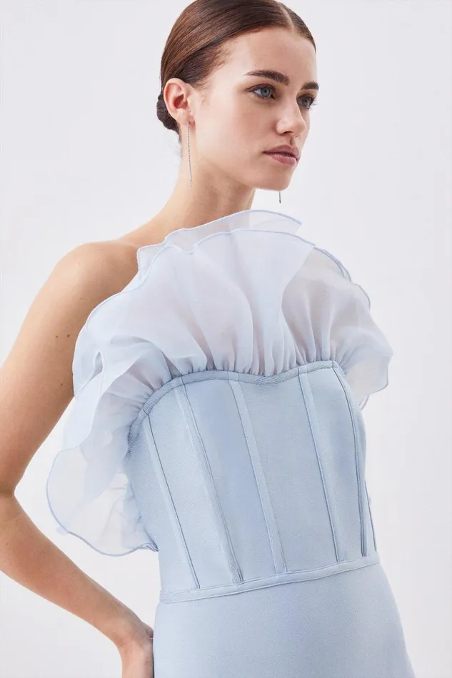 Dresses Women Karen Millen Petite Bandage Figure Form Knit Organza Frill Midaxi Dress Pale Blue