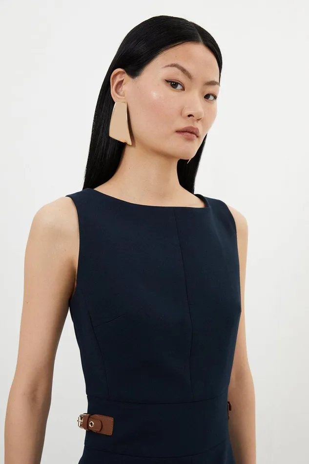Dresses Women Karen Millen Petite Compact Stretch Tailored Pu Tab Detail Midi Dress Midnight