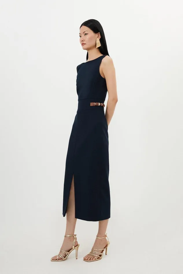 Dresses Women Karen Millen Petite Compact Stretch Tailored Pu Tab Detail Midi Dress Midnight
