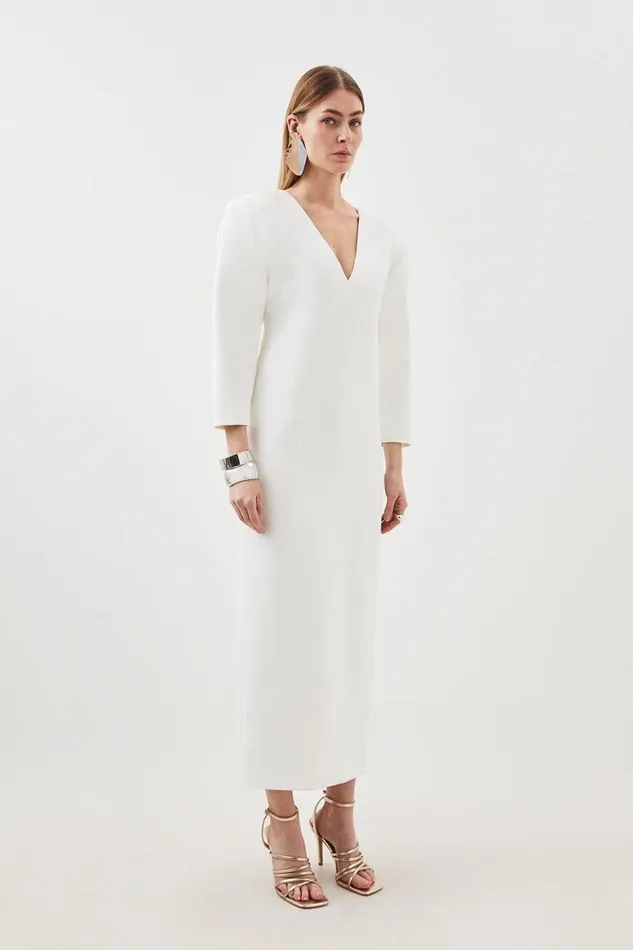 Dresses Women Karen Millen Petite Compact Stretch Tailored Ruched Sleeve Maxi Dress Ivory