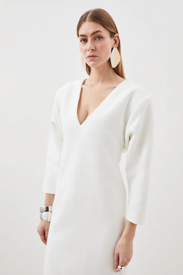 Dresses Women Karen Millen Petite Compact Stretch Tailored Ruched Sleeve Maxi Dress Ivory