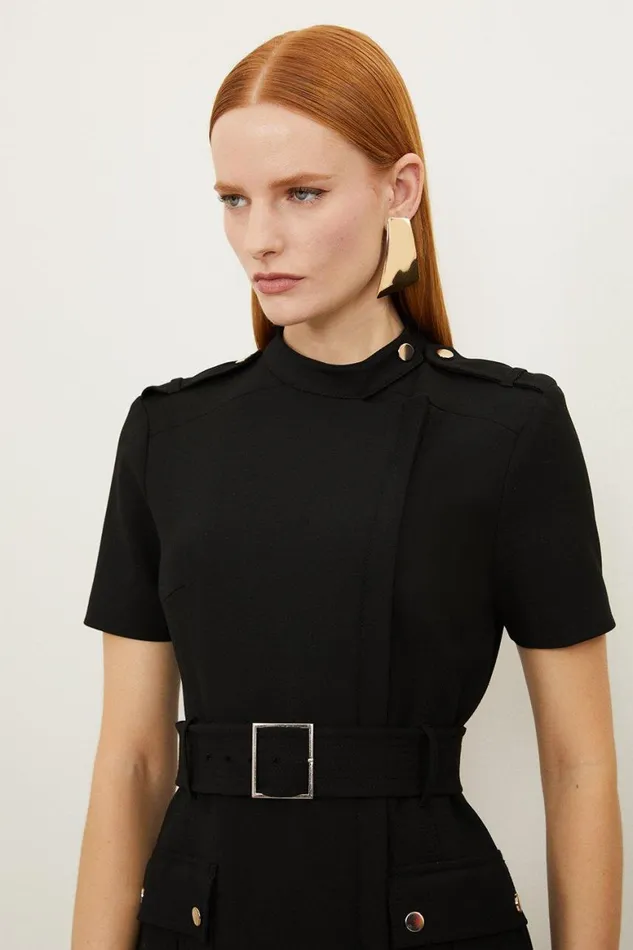 Dresses Women Karen Millen Petite Compact Stretch Wrap Belted Tailored Midi Dress Black