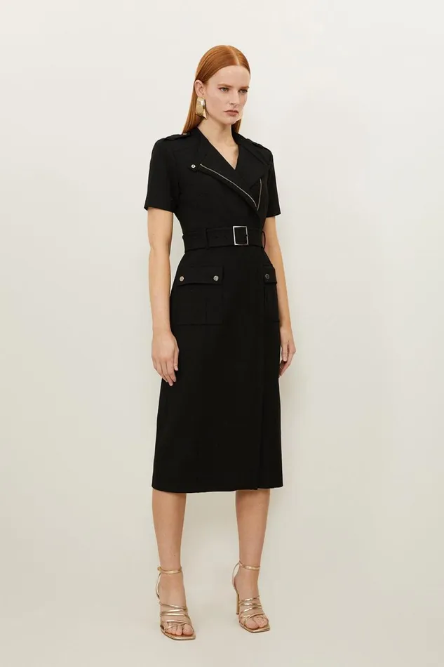 Dresses Women Karen Millen Petite Compact Stretch Wrap Belted Tailored Midi Dress Black