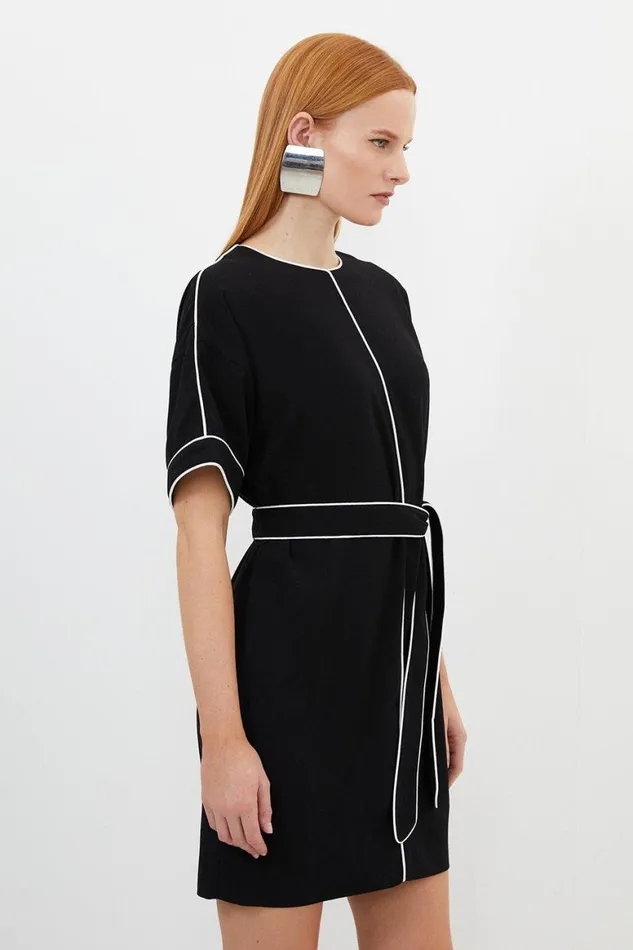 Dresses Women Karen Millen Petite Contrast Piping Satin Back Crepe Woven Mini Dress Black