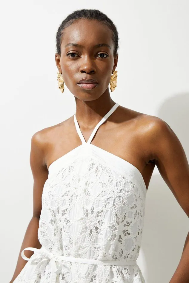 Dresses Women Karen Millen Petite Crafted Cotton Embroidery Woven Halter Maxi Dress White