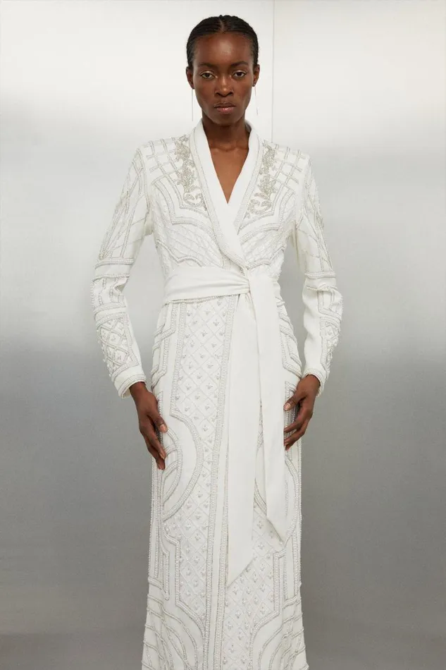 Dresses Women Karen Millen Petite Crystal Embellished Woven Maxi Blazer Dress Ivory