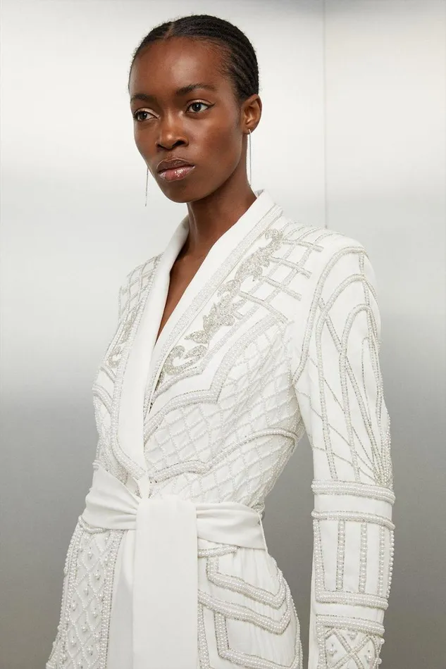 Dresses Women Karen Millen Petite Crystal Embellished Woven Maxi Blazer Dress Ivory