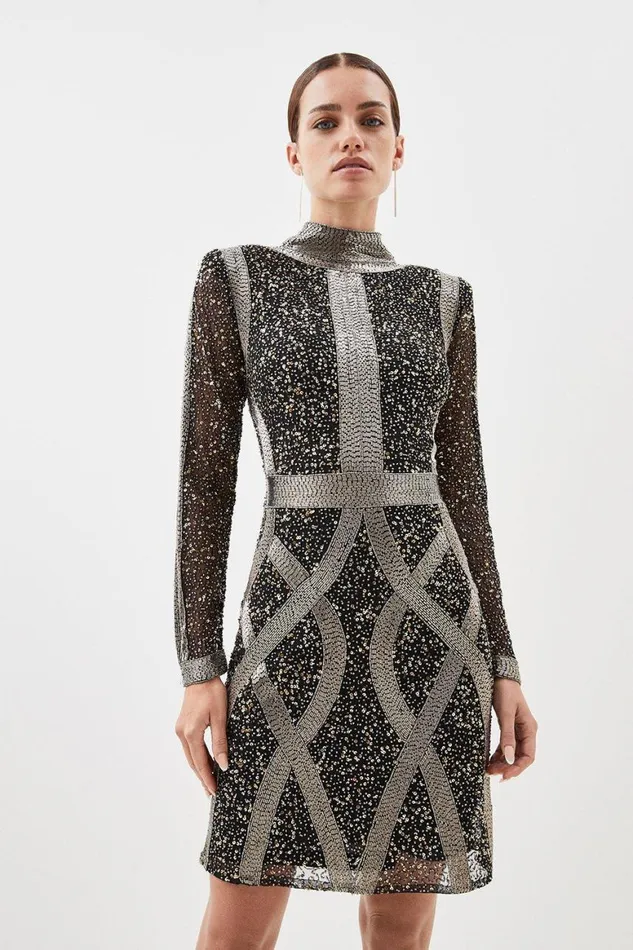 Dresses Women Karen Millen Petite Embellished Beaded High Neck Woven Mini Dress Gun Metal Dresses Women Karen Millen Petite Embellished Beaded High Neck Woven Mini Dress Gun Metal