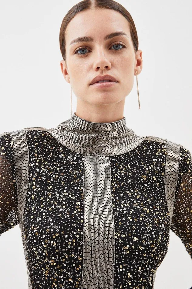 Dresses Women Karen Millen Petite Embellished Beaded High Neck Woven Mini Dress Gun Metal