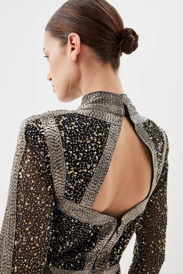 Dresses Women Karen Millen Petite Embellished Beaded High Neck Woven Mini Dress Gun Metal