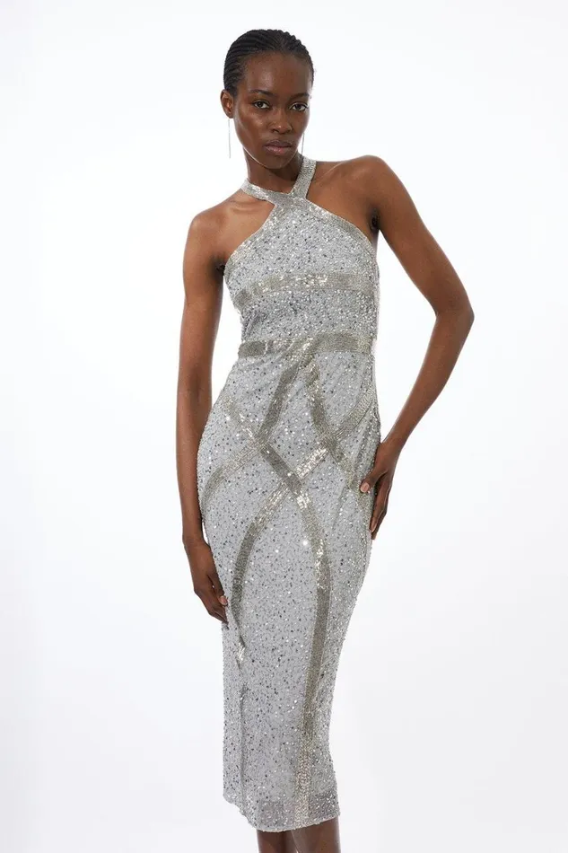 Dresses Women Karen Millen Petite Embellished Woven Halter Midi Dress Silver