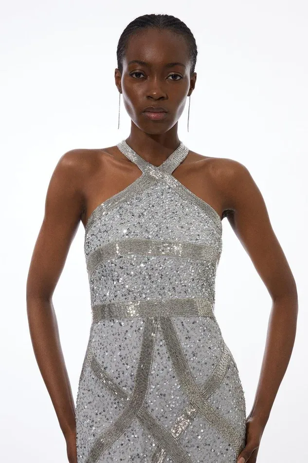 Dresses Women Karen Millen Petite Embellished Woven Halter Midi Dress Silver