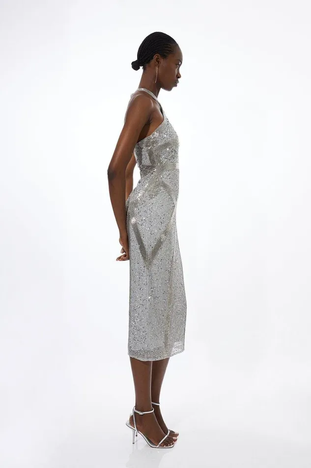 Dresses Women Karen Millen Petite Embellished Woven Halter Midi Dress Silver