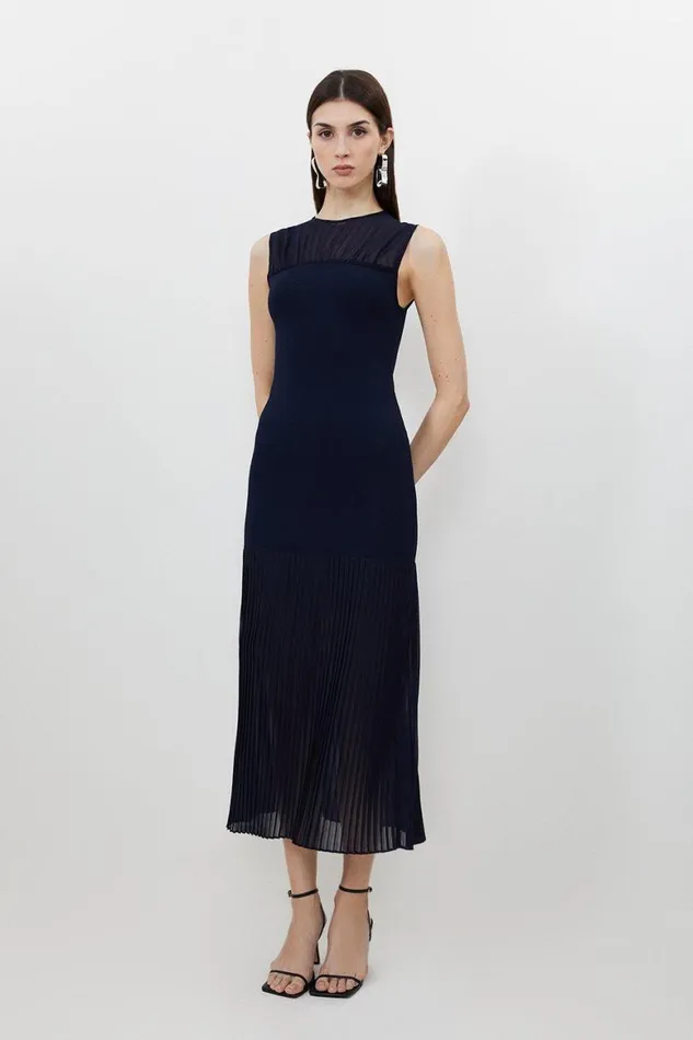 Dresses Women Karen Millen Petite Figure Form Woven Bandage Mix Dress Navy