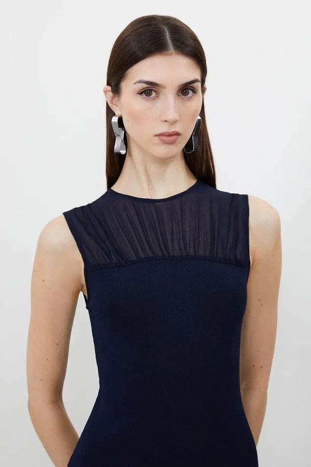 Dresses Women Karen Millen Petite Figure Form Woven Bandage Mix Dress Navy