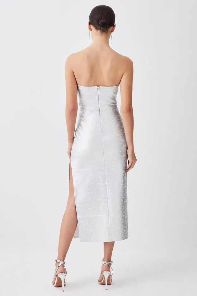 Dresses Women Karen Millen Petite Foiled Bandage Corset Detail Knit Midi Dress Silver