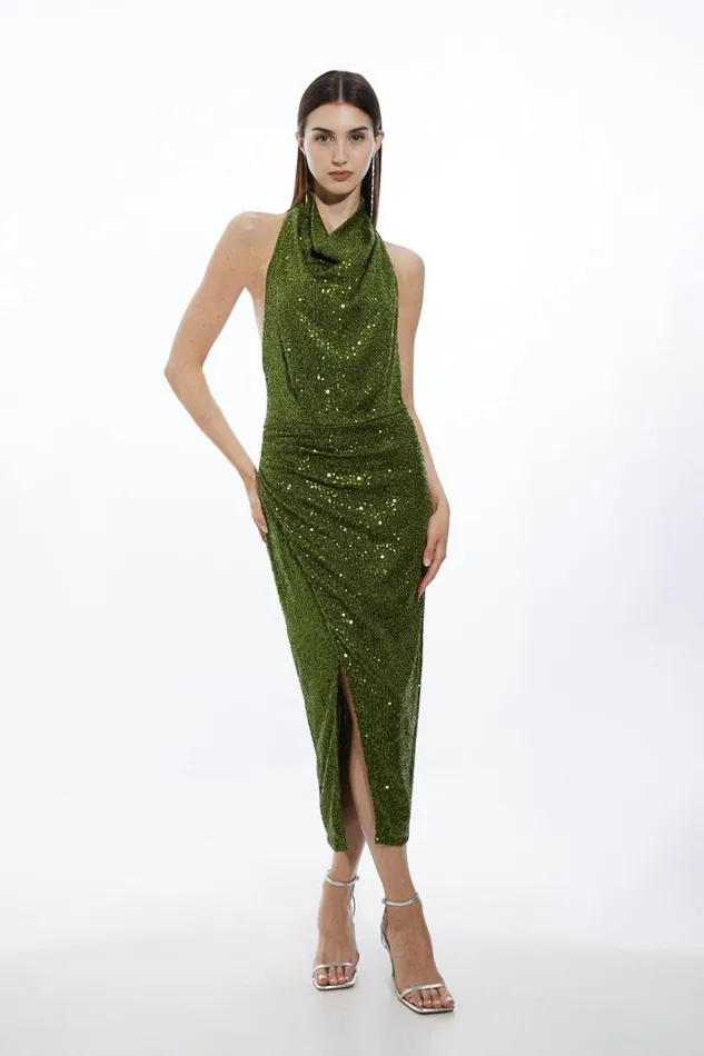 Dresses Women Karen Millen Petite Halterneck Sequin Jersey Side Split Maxi Dress Khaki Dresses Women Karen Millen Petite Halterneck Sequin Jersey Side Split Maxi Dress Khaki