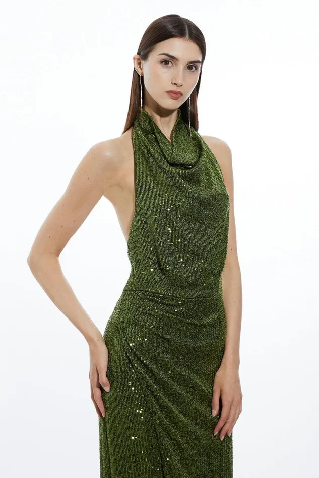 Dresses Women Karen Millen Petite Halterneck Sequin Jersey Side Split Maxi Dress Khaki