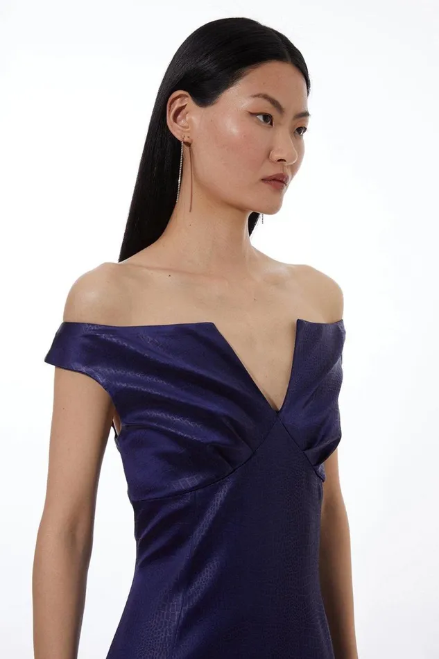 Dresses Women Karen Millen Petite Italian Textured Satin Tailored Off Shoulder Panel Midi Dress Navy