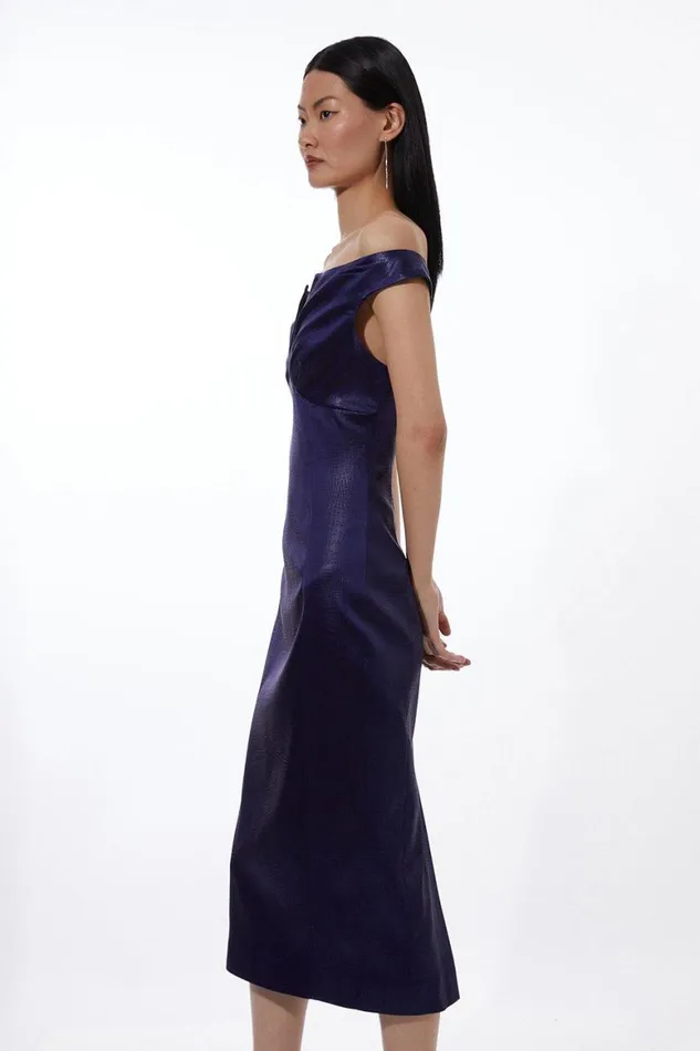 Dresses Women Karen Millen Petite Italian Textured Satin Tailored Off Shoulder Panel Midi Dress Navy