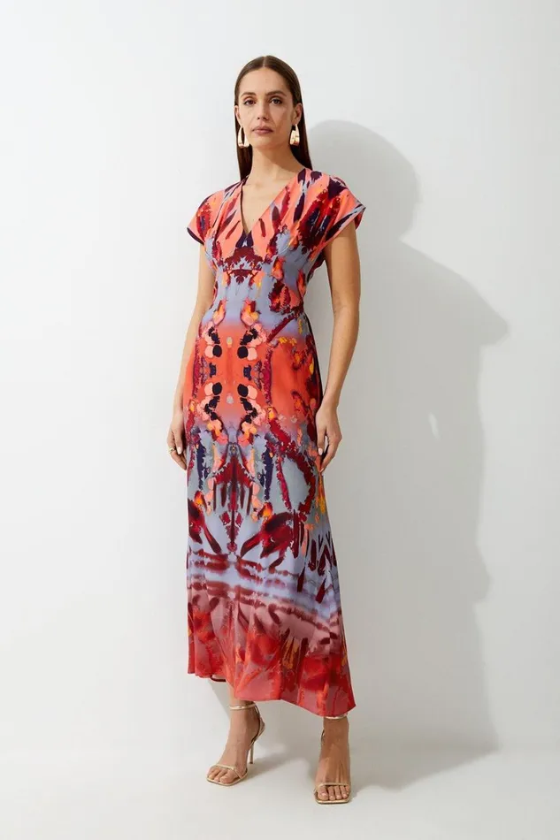 Dresses Women Karen Millen Petite Mirrored Print Satin Crepe Angel Sleeve Woven Maxi Dress Multi Dresses Women Karen Millen Petite Mirrored Print Satin Crepe Angel Sleeve Woven Maxi Dress Multi