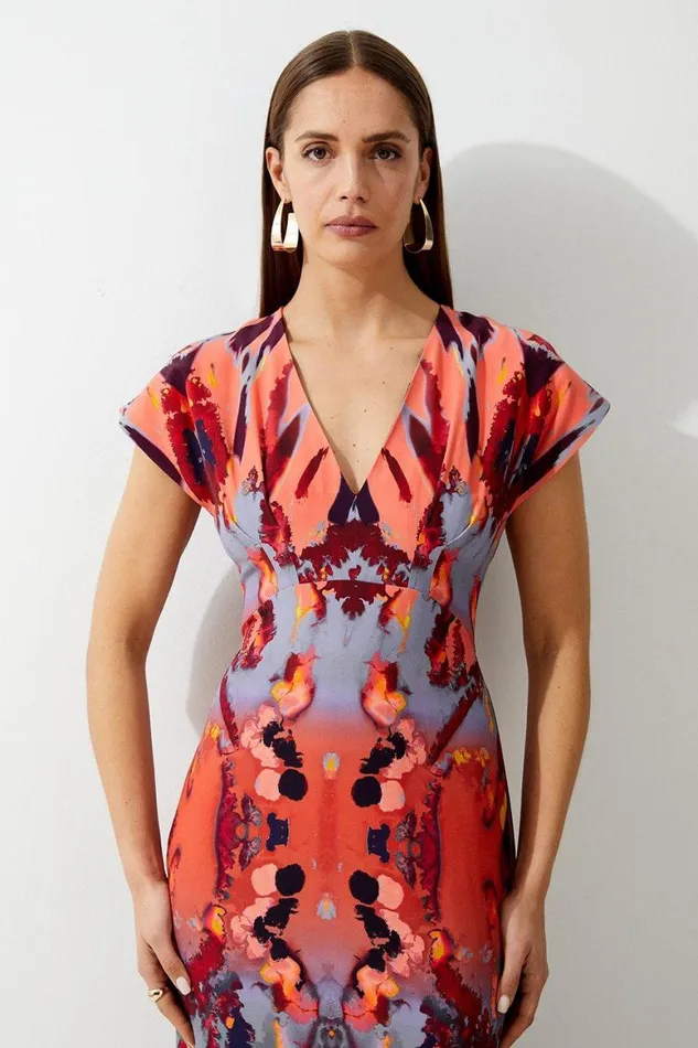 Dresses Women Karen Millen Petite Mirrored Print Satin Crepe Angel Sleeve Woven Maxi Dress Multi