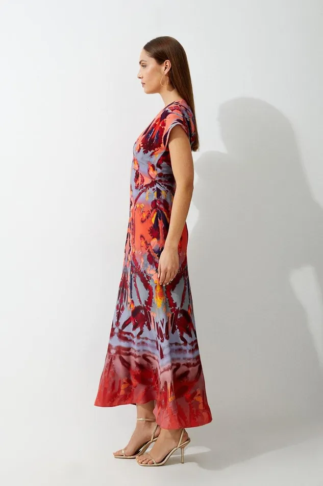 Dresses Women Karen Millen Petite Mirrored Print Satin Crepe Angel Sleeve Woven Maxi Dress Multi